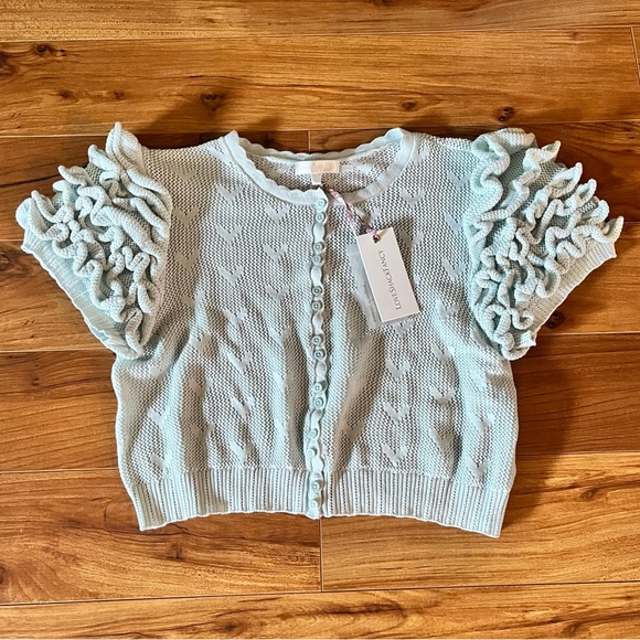 LoveShackFancy Preilla Crop Knit Cardigan New Large Mint Frost - Picture 3 of 15